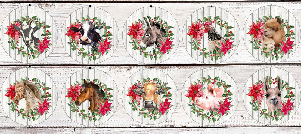 Farm Animals in Poinsettia Wreaths Christmas Ornament Set- ORN143 - Visit www.ThreeBirdsNestCo.com for 20% Off