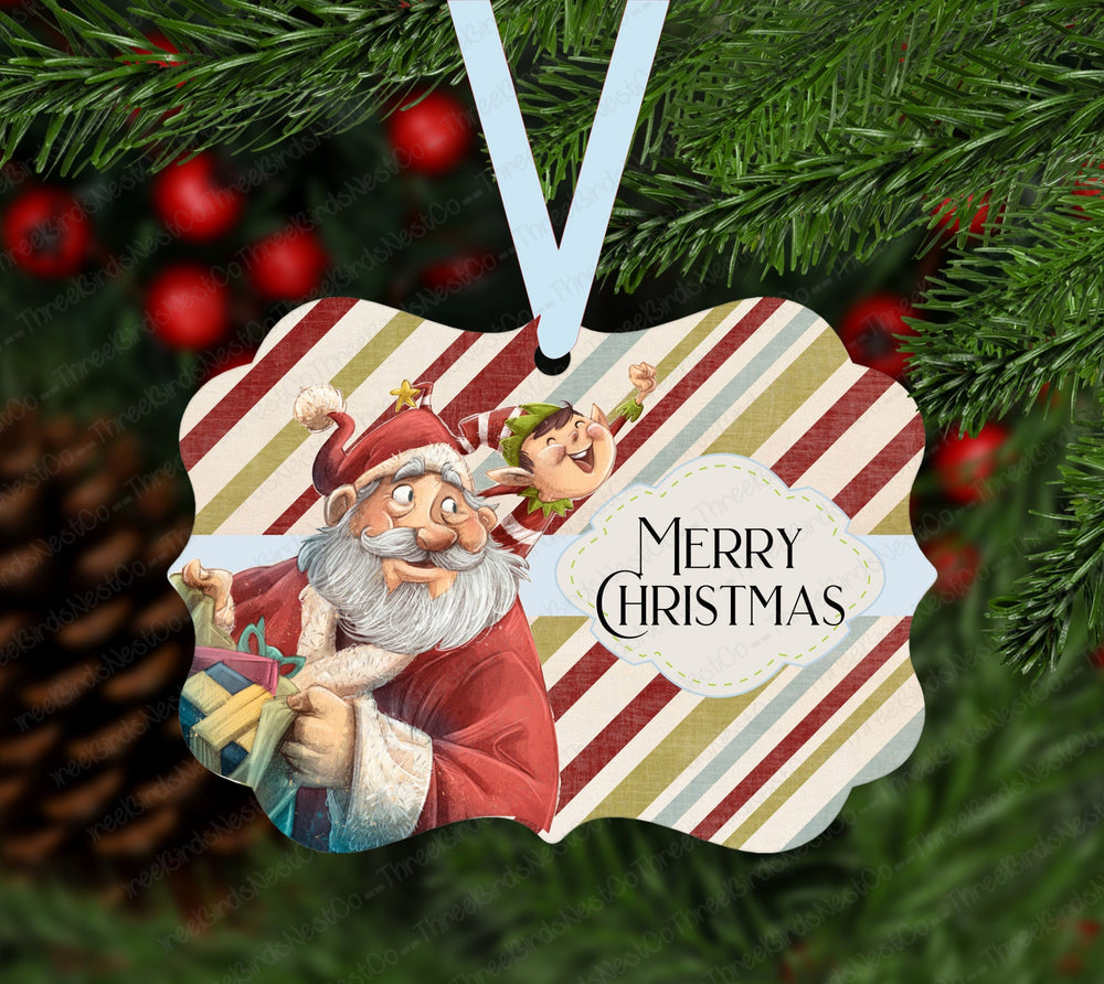 Santa and Elf Merry Christmas Ornament - Double Sided Ornament - Metal Ornament- ORN145
