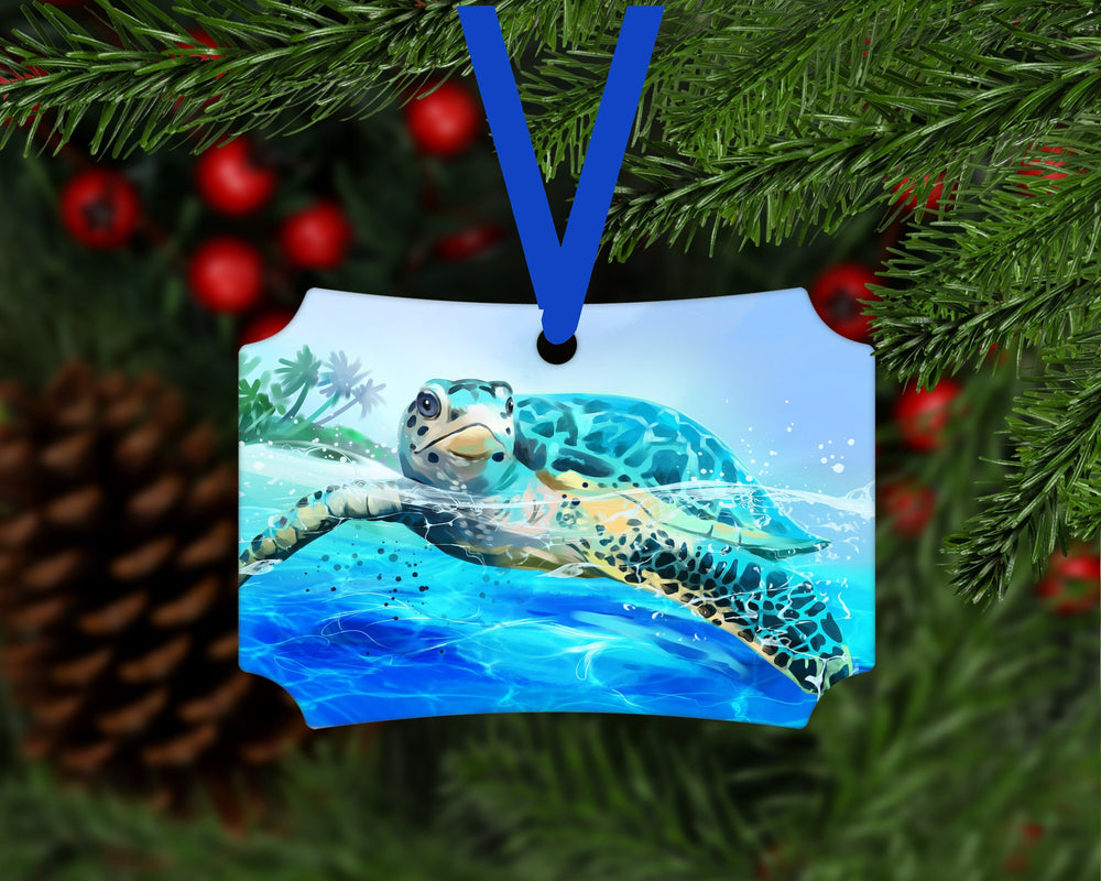 Sea Turtle Beach Christmas Ornament - Double Sided Metal Ornament - ORN150