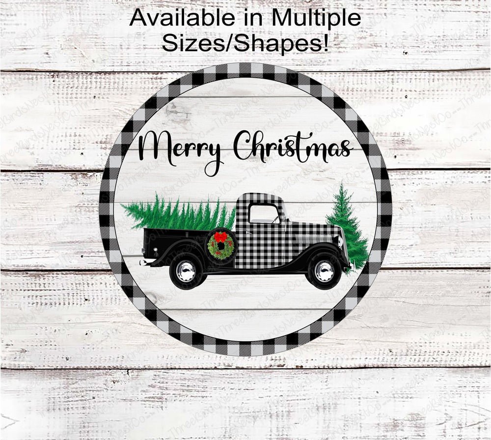 Buffalo Plaid Old Truck Merry Christmas Wreath Sign