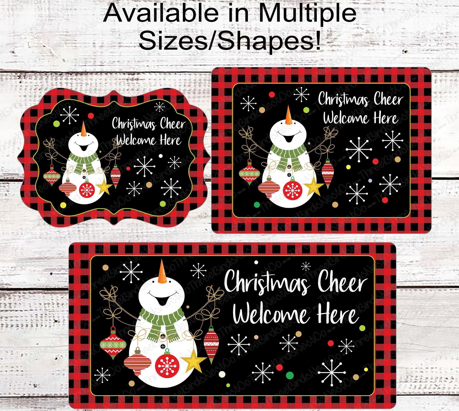 Christmas Cheer Ornaments Snowman Buffalo Plaid Wreath Sign - Bright Colors
