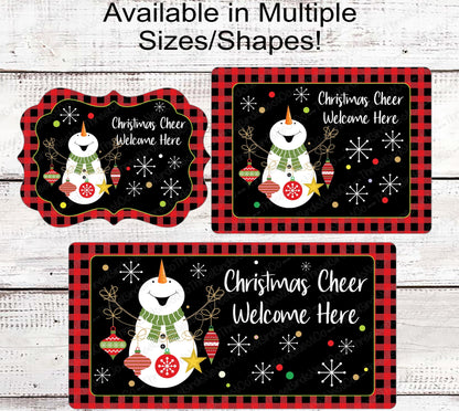 Christmas Cheer Ornaments Snowman Buffalo Plaid Wreath Sign - Bright Colors