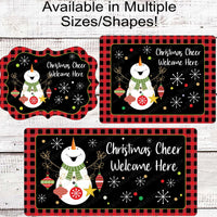 Christmas Cheer Ornaments Snowman Buffalo Plaid Wreath Sign - Bright Colors