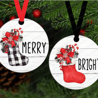 Merry and Bright Farmhouse Stockings Double Sided Christmas Ornament Set - SET of 2- ORN155