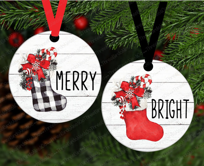 Merry and Bright Farmhouse Stockings Double Sided Christmas Ornament Set - SET of 2- ORN155