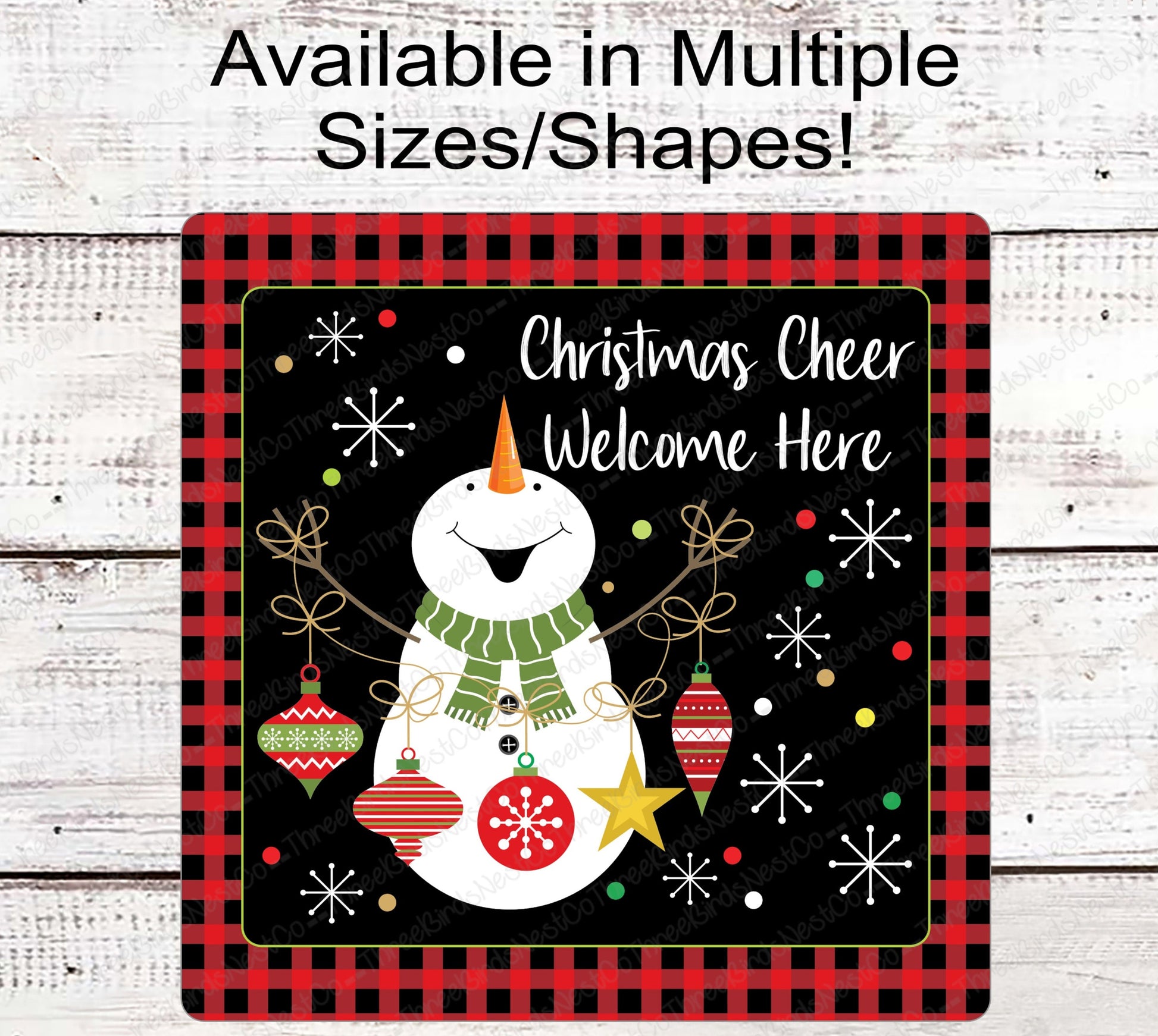 Christmas Cheer Ornaments Snowman Buffalo Plaid Wreath Sign - Bright Colors