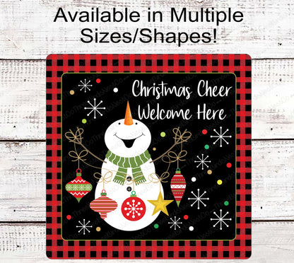 Christmas Cheer Ornaments Snowman Buffalo Plaid Wreath Sign - Bright Colors