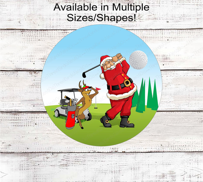 Golfing Santa and Reindeer Caddy Christmas Wreath Sign