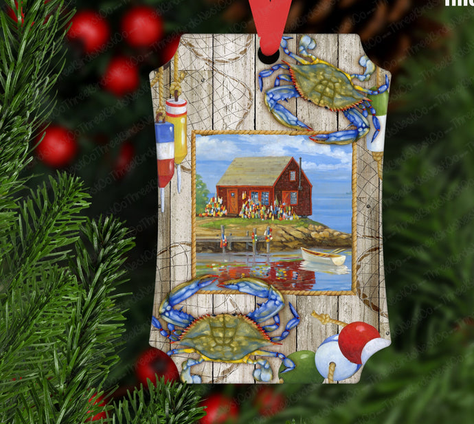 Seaside Beach Cottage and Crab Double Sided Metal Christmas Ornament - ORN161