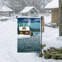 Christmas at the Lake Pontoon Boat Double Sided Garden Flag- Choose from Blue or Red Pontoon Boat