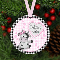 Pink Baby Cow Personalized Double Sided Metal Christmas Ornament - ORN163