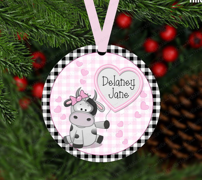 Pink Baby Cow Personalized Double Sided Metal Christmas Ornament - ORN163