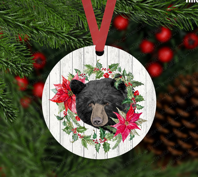 Bear in Poinsettia Wreath Double Sided Metal Christmas Ornament - ORN166