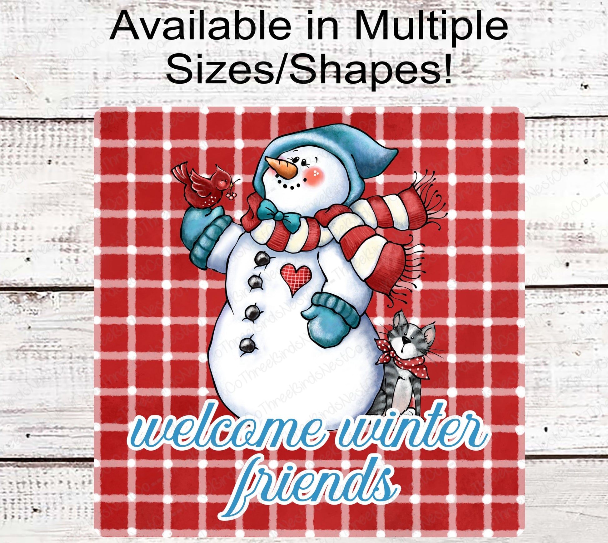 Snowman With Cardinal and Cat Winter Wreath Sign