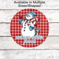 Snowman With Cardinal and Cat Winter Wreath Sign