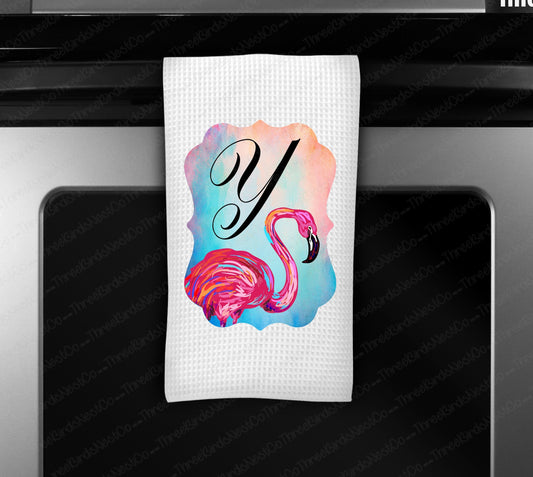 Bright Flamingo Monogram Waffle Weave Dish Towel Kitchen Linens - www.ThreeBirdsNestCo.com