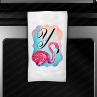 Bright Flamingo Monogram Waffle Weave Dish Towel Kitchen Linens - www.ThreeBirdsNestCo.com