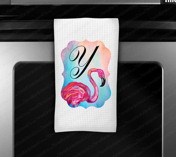 Bright Flamingo Monogram Waffle Weave Dish Towel Kitchen Linens - www.ThreeBirdsNestCo.com