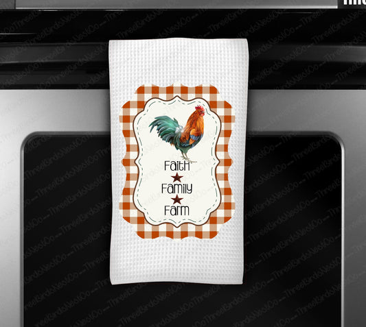 Faith Family Farm Custom Waffle Weave Dish Towel | Rooster Decor | Housewarming Gift | Wedding Gift - www.ThreeBirdsNestCo.com