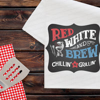 Red White and Brew Grilling BBQ Kitchen Waffle Weave Dish Towel | Kitchen Gift | Housewarming Gift | Wedding Gift - www.ThreeBirdsNestCo.com