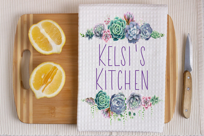 Custom Succulents Waffle Weave Kitchen Dish Towel | Kitchen Gift | Housewarming Gift | Wedding Gift - www.ThreeBirdsNestCo.com