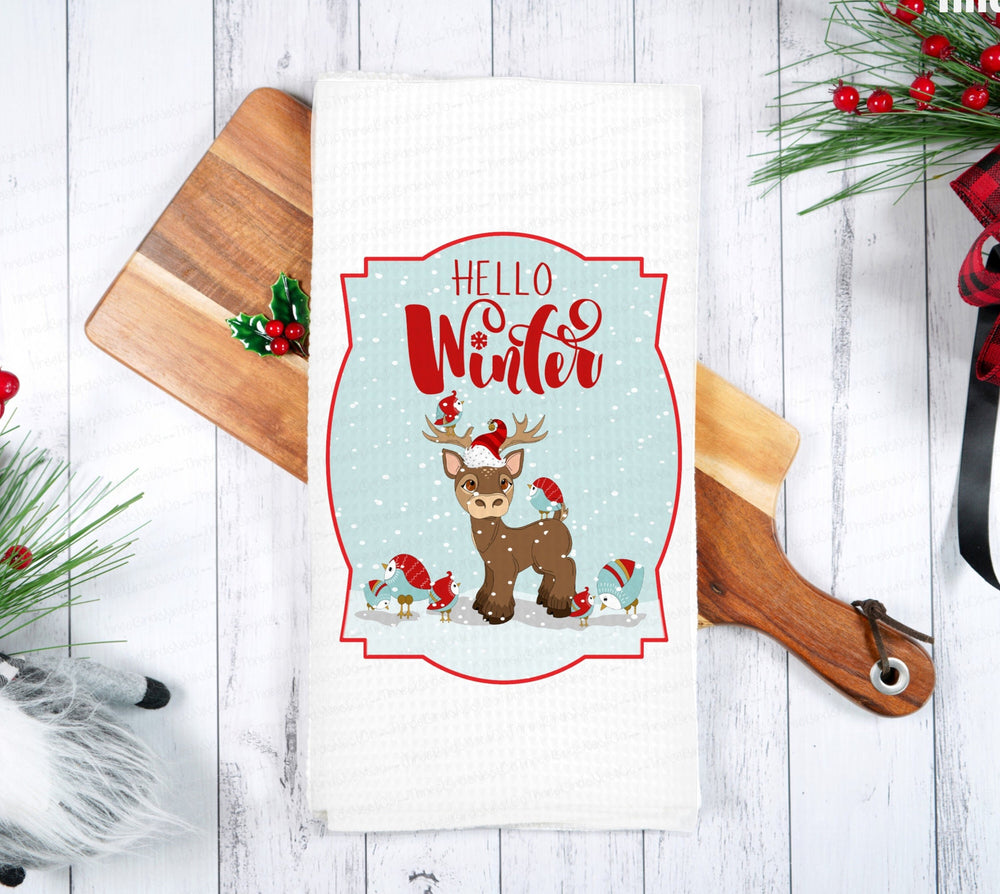 Custom Reindeer Waffle Weave Kitchen Dish Towel - Kitchen Gift - Housewarming Wedding Gift - Christmas Decor - www.ThreeBirdsNestCo.com