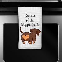 Beware of the Wiggle Butts - Custom Dog Kitchen Towel - Gift for Dog Lover - Dachshund - Other Breeds Available - www.ThreeBirdsNestCo.com