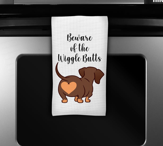 Beware of the Wiggle Butts - Custom Dog Kitchen Towel - Gift for Dog Lover - Dachshund - Other Breeds Available - www.ThreeBirdsNestCo.com