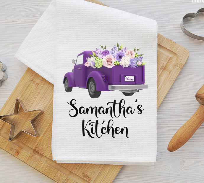 Old Purple Truck - Personalized Kitchen Towel - Spring Decor - Housewarming Wedding Gift - www.ThreeBirdsNestCo.com