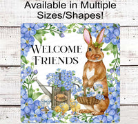 
              Welcome Friends Easter Bunny Rabbit Wreath Sign - Floral Easter Sign
            