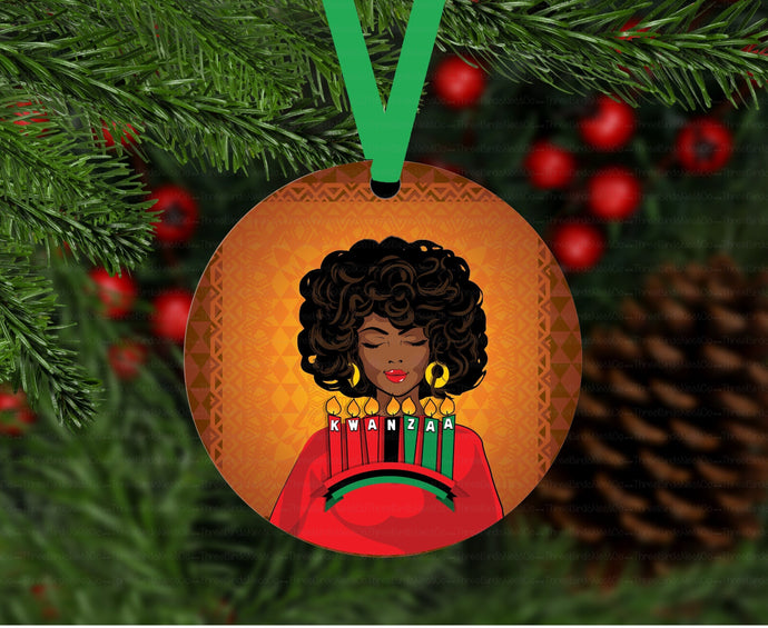 African American Woman Kwanzaa Kinora Double Sided Metal Christmas Ornament - ORN173