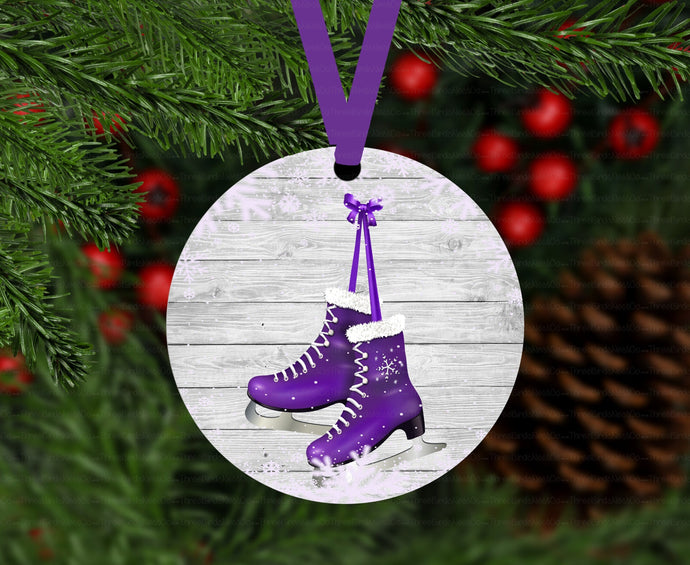 Purple Ice Skates and Christmas Snowflake Double Sided Metal Ornament - ORN177