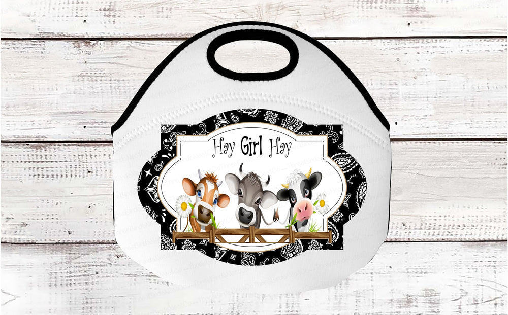 Hay Girl Hay Cows Neoprene Lunch Tote- Insulated Tote Bag - www.ThreeBirdsNestCo.com