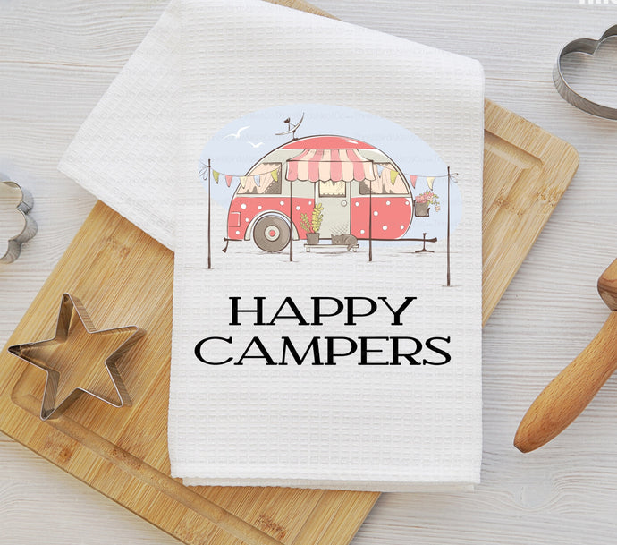 Personalized Happy Camper Kitchen Dish Towel - RV Decor - Housewarming Gift - Wedding Gift - www.ThreeBirdsNestCo.com