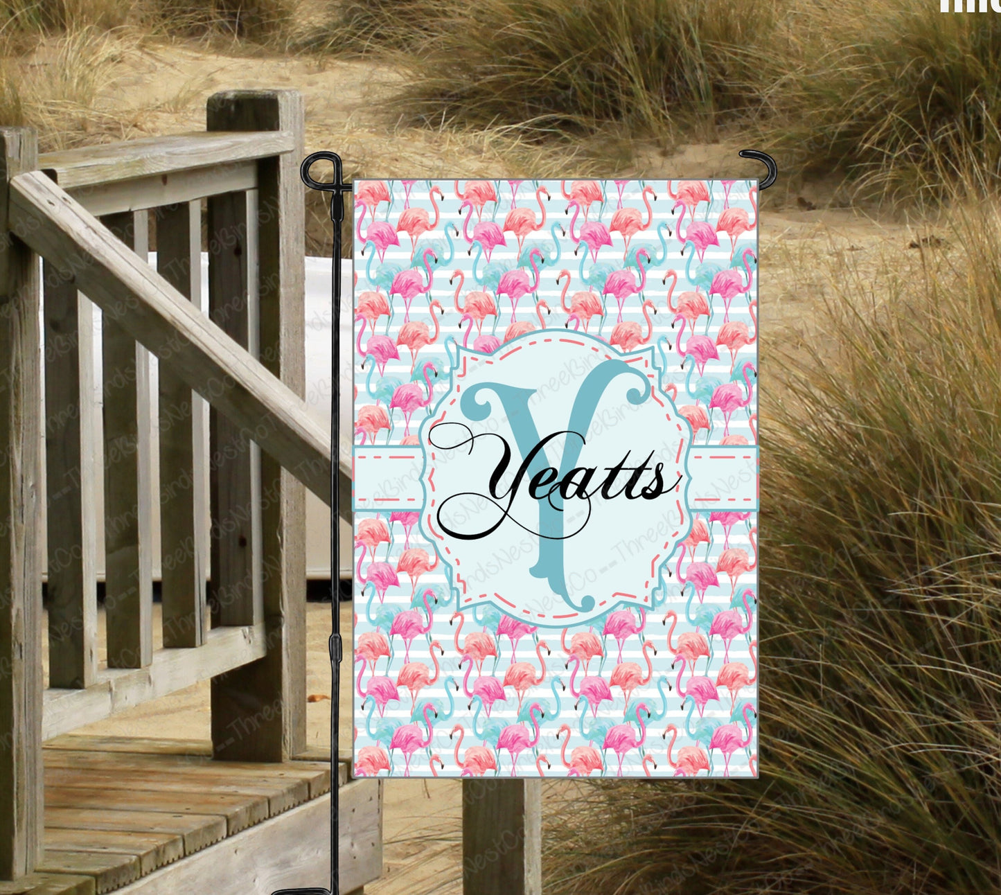 Pastel Flamingos Monogram Beach Welcome Garden Flag