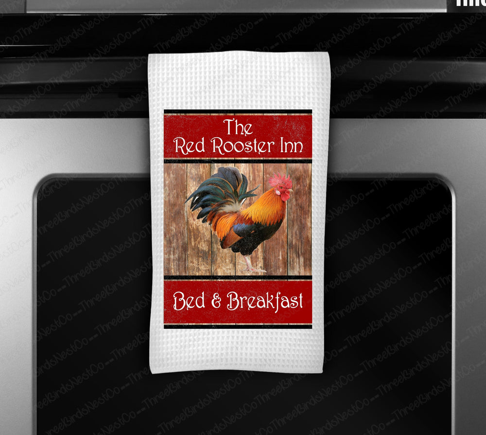 Red Rooster Inn Farmhouse Waffle Weave Dish Towel Kitchen Linens - www.ThreeBirdsNestCo.com