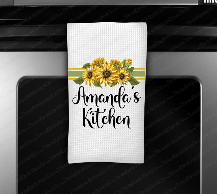 Custom Waffle Weave Dish Towel | Sunflowers | Personalized Kitchen Towel | Housewarming Gift | Wedding Gift - www.ThreeBirdsNestCo.com