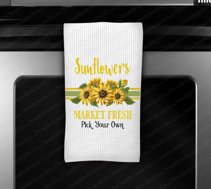 Farmers Market Waffle Weave Dish Towel | Sunflowers | Housewarming Gift | Wedding Gift - www.ThreeBirdsNestCo.com