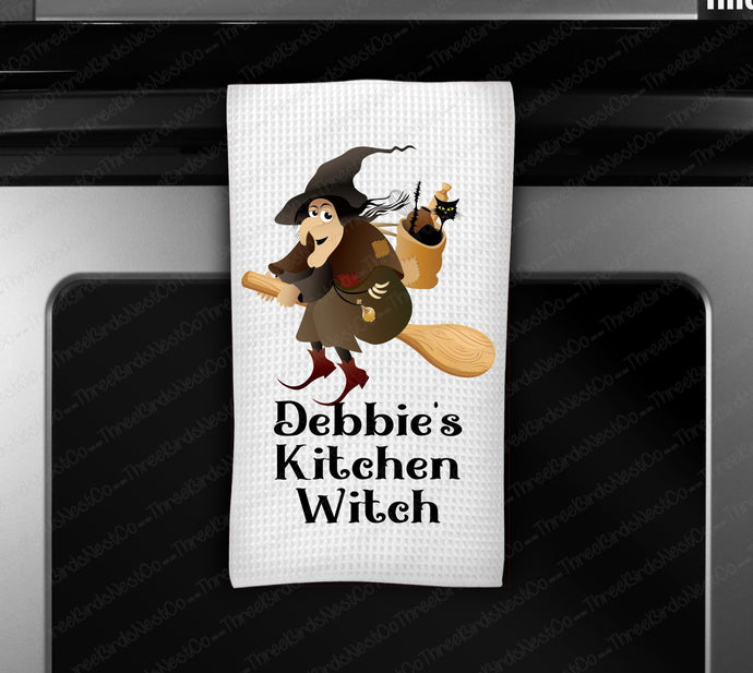 Kitchen Witch Waffle Weave Dish Towel | Personalized Towel | Kitchen Gift | Housewarming Gift | Wedding Gift - www.ThreeBirdsNestCo.com