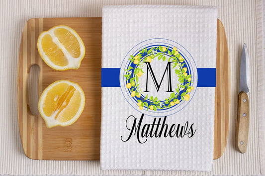 Lemon Monogram Waffle Weave Kitchen Dish Towel | Kitchen Gift | Housewarming Gift | Wedding Gift - www.ThreeBirdsNestCo.com