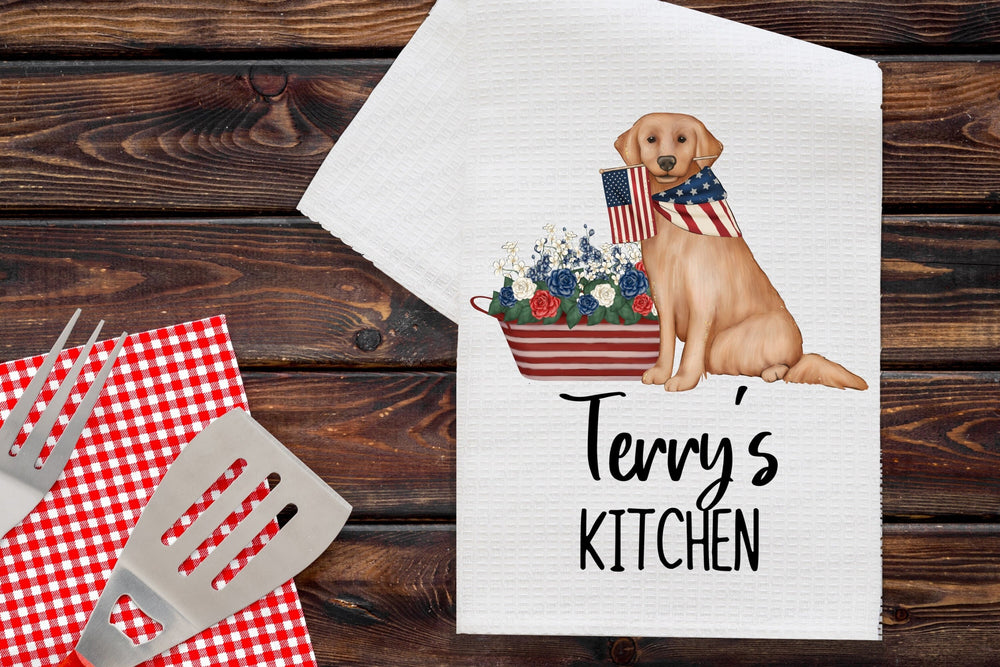 Personalized Dog Kitchen Towel - Gift for Dog Lover - Patriotic Towel - Golden Retriever - www.ThreeBirdsNestCo.com