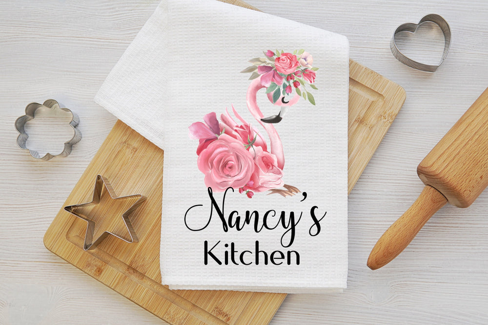 Custom Flamingo Waffle Weave Dish Towel - Kitchen Linens - Housewarming Gift - Beach Kitchen Decor - www.ThreeBirdsNestCo.com