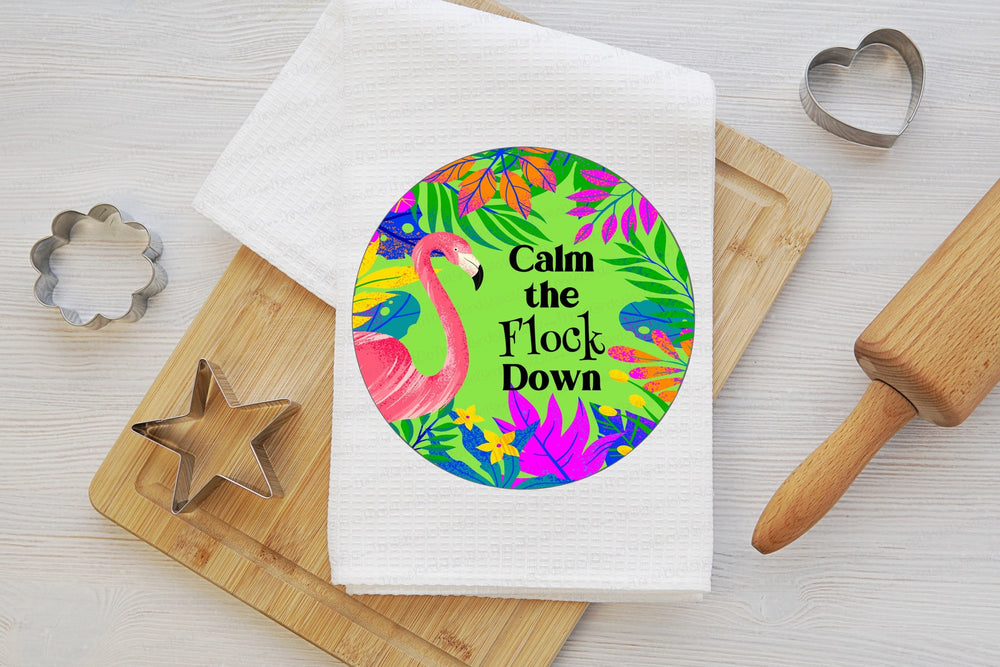 Calm the Flock Down Flamingo Waffle Weave Dish Towel - Kitchen Linens - Housewarming Gift - Beach Kitchen Decor - www.ThreeBirdsNestCo.com