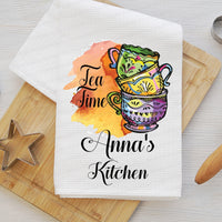 Custom Teacups Waffle Weave Dish Towel - Kitchen Linens - Housewarming Gift - Tea Time - www.ThreeBirdsNestCo.com
