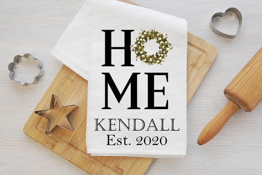 Custom Cotton Wreath Waffle Weave Kitchen Dish Towel - Farmhouse Decor - Kitchen Gift - Housewarming Gift - www.ThreeBirdsNestCo.com