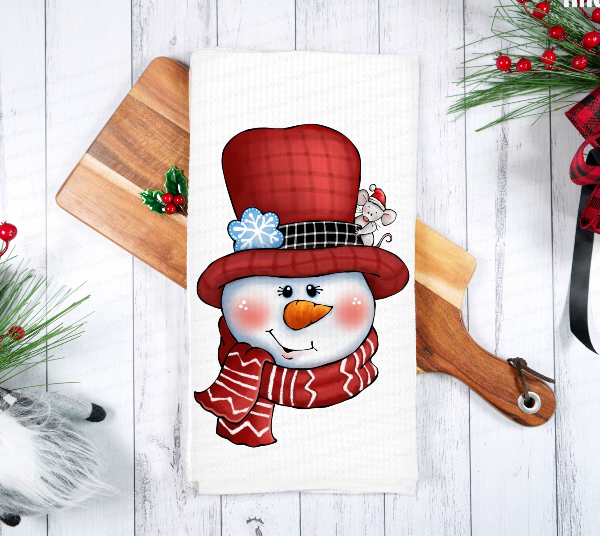 Custom Snowman Waffle Weave Kitchen Dish Towel - Kitchen Gift - Housewarming Wedding Gift - Christmas Decor - www.ThreeBirdsNestCo.com