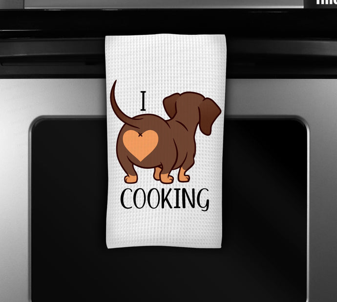 I Love Cooking - Personalized Dog Kitchen Towel - Gift for Dog Lover - Dachshund - Other Breeds Available - www.ThreeBirdsNestCo.com