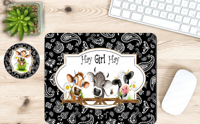 Hay Girl Hay Cows Mouse Pad and Coaster Office Desk Set - Heavy Weight - www.ThreeBirdsNestCo.com