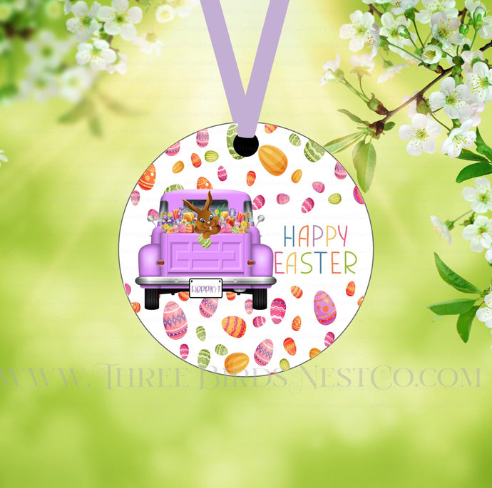 Happy Easter Bunny Truck Double Sided Metal Ornament - ORN189