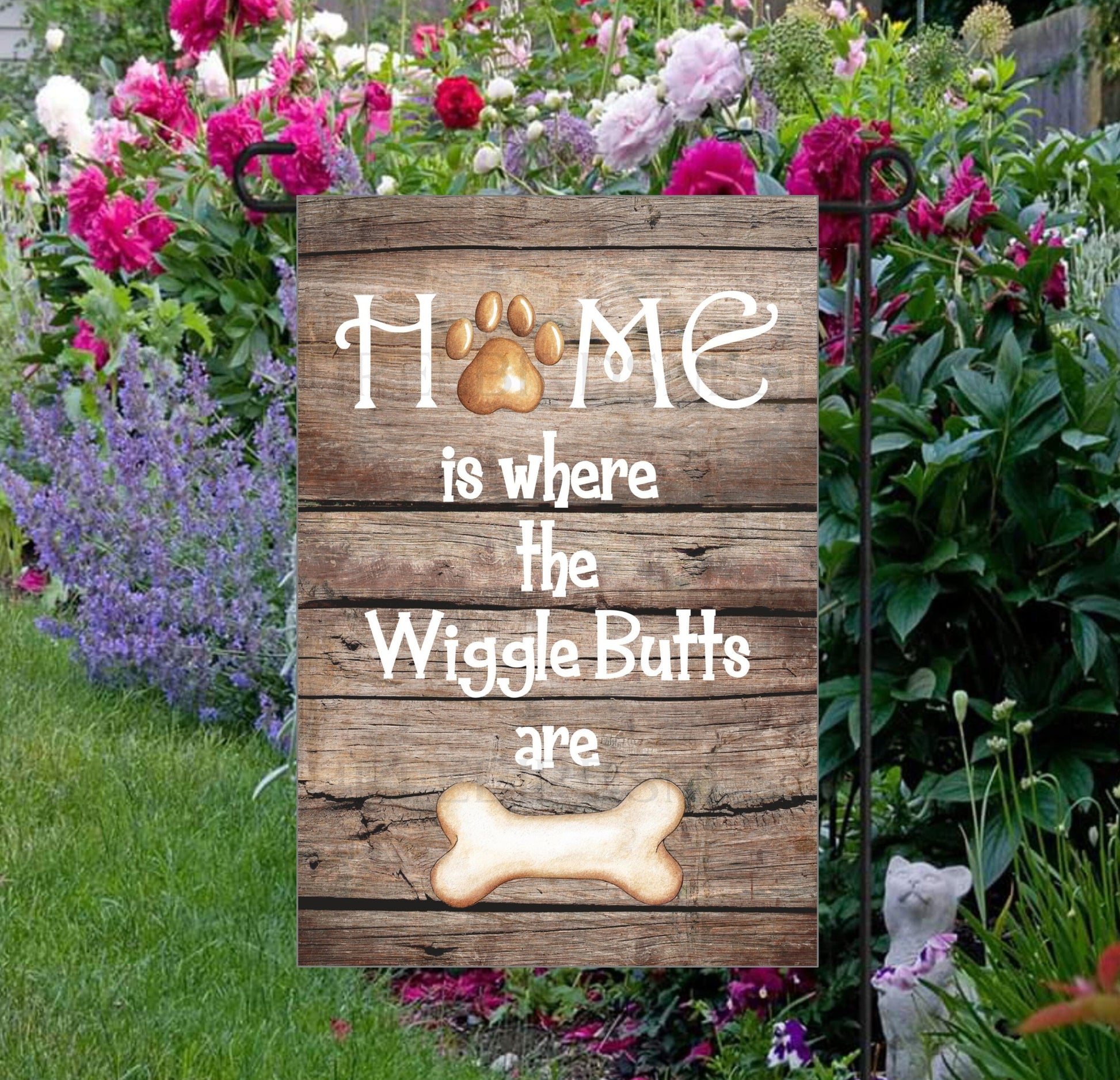 Home is Where the Wiggle Butts Are Dog Bone and Paw Print Double Sided Garden Flag